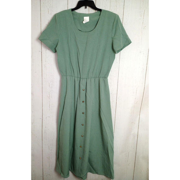 Vintage Dress 14 Sage Green Short Sleeve Button Front Shirtwaist Style Kellwood - Picture 1 of 7